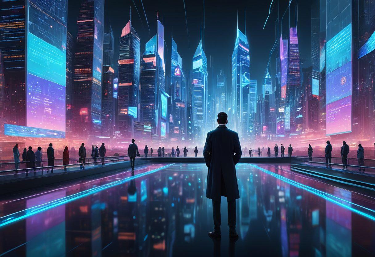 A futuristic city skyline with digital interfaces and holographic projections representing various cyber insurance concepts. In the foreground, a diverse group of professionals analyzes data on tablets, surrounded by floating icons representing security, networks, and finance. The atmosphere conveys innovation and safety in a tech-driven world. vibrant colors. cyberpunk. super-realistic.