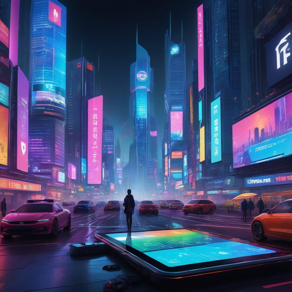 A futuristic city skyline with digital billboards advertising various insurance services, showcasing a person using a tablet to compare digital policies. In the foreground, bright holographic icons represent different coverage types while drone-like devices float around, symbolizing innovative protection. The overall ambiance conveys a sense of security and advancement. super-realistic. vibrant colors. cyberpunk.